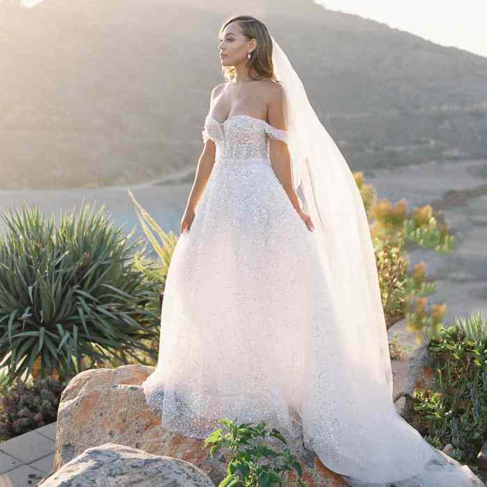 Off the shoulder a line wedding dress